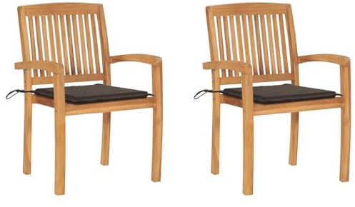 Emmtore 2X Teak Massiv Gartenstuhl mit Taupe Kissen Stapelbar Essstuhl Holzstuhl Stapelstuhl Gartensessel Gartenmöbel Stuhl Stühle Sessel Gartenstühle