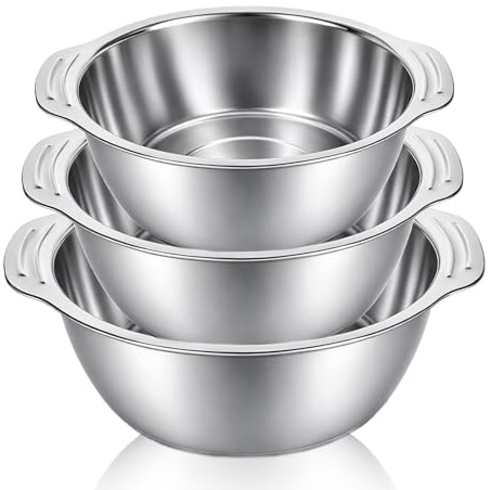 Stainless Steel Mixing Bowls Set of 3 (1L/2.5L/4.5L), Nesting Kitchen Bowls with Wide Grip Handles & Non-Slip Base, Durable Metal Mixing Bowls for Baking, Cooking, Salad Food Prep, Dishwasher Safe