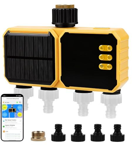 Nikou Bevattningsdator WLAN 4 utgångar, Soldriven bevattningsklocka Bevatthningssystem Trädgård Smart tidsstyrning Bevatthningstimer med APP/Röststyrning, Regnfördröjning, för Trädgård Gräsmatta