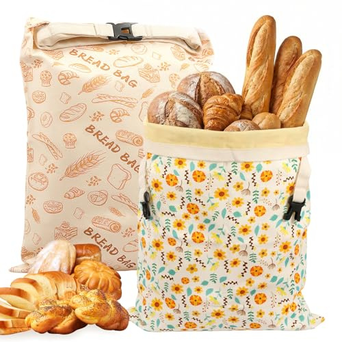 BUTORY 2 bolsas de pan de cera de abejas reutilizables, 43 cm × 33 cm, bolsa de pan de algodón natural con revestimiento de cera de abeja, bolsas de almacenamiento para masa madre y pan, Diseño 1
