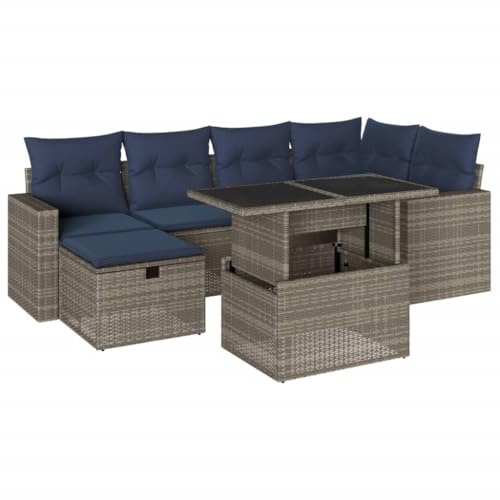 Hothingwell Gartensofa, 7-Sitzer, Kunstharz, geflochten, Grau, mit Kissen | Verstellbarer Tisch, abnehmbarer Bezug, waschbar, modulares Design, strapazierfähiges PE-Rattan