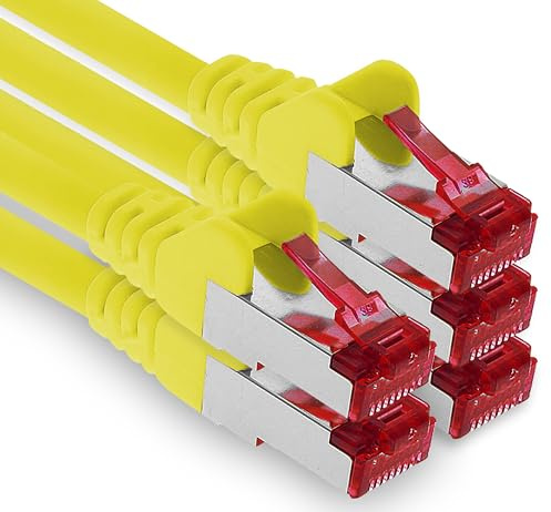 1aTTack.de - 5x 10m câble patch CAT6 S/FTP blindage PIMF câble réseau CAT.6 RJ45 câble Ethernet routeur LAN DSL commutateur modem panneau de brassage - jaune - 5 pièces
