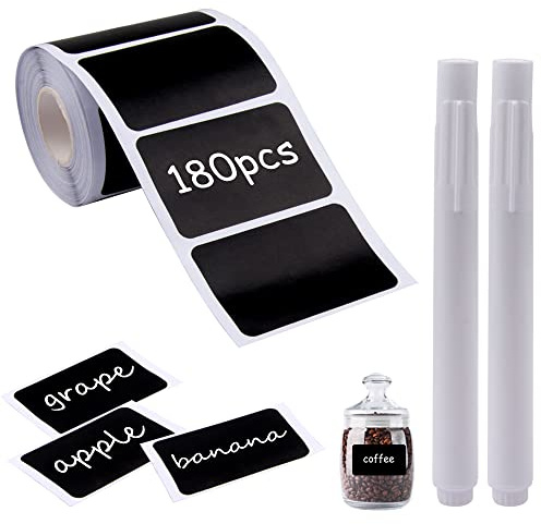 180 PCS Waterproof Reusable Chalkboard Labels with 1 White Chalk Pen | Sunallwell 60 * 40 mm Blackboard Stickers Kit for Kitchen Organize, Jars, Pantry Storage, Parties, Weddings