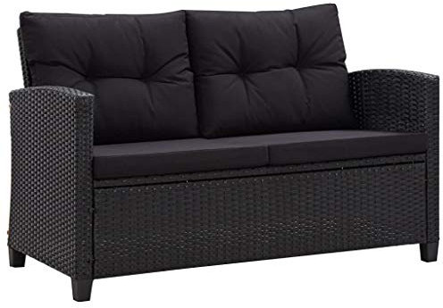 vidaXL Gartensofa 2-Sitzer mit Kissen Lounge Sofa Gartenmöbel Gartenbank Bank Rattansofa Balkon Terrasse Garten Schwarz 124cm Poly Rattan