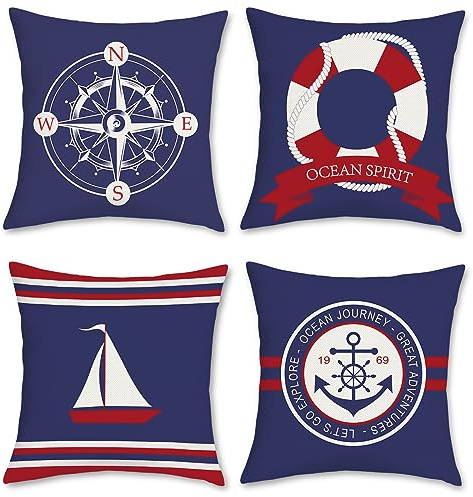 Bonhause 4er Set Kissenbezüge Nautische 45 x 45 cm Doppelseitig Kompass Anker Polyester Leinen Dekorative Kissenhülle Rot Blau Zierkissenbezüge für Sofa Wohnzimmer Zuhause Dekor