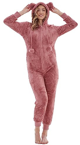 Keanu KL759-R-12-14 - Ladies Snuggle Fleece Onesie with Novelty Hood and Pom Poms - Pink Rose Gold - Size 12-14