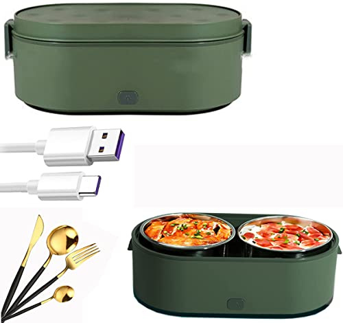 Bias&Belief Lunch Box Elettrico, riscaldato USB 304 scaldavivande Portatile in Acciaio Inox con 2 contenitori per Auto e casa,Green
