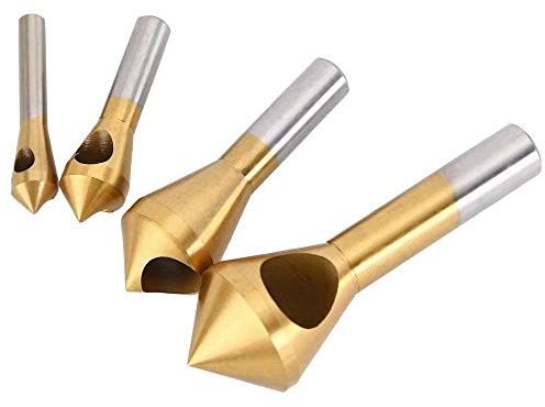 Fixinus Set of 4 HSS Countersink Deburring Countersink 90° Bevel Titanium Coated Countersink Drill Bit Set for Wood, Metal, Iron, Plastic, Aluminium