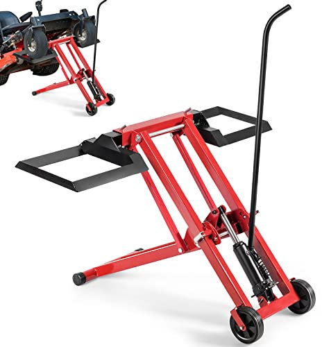 GiantexUK Ride on Mower Jack Lift, Folding Height Adjustable Lifting Device with Wheels, Steel Hydraulic Maintenance Jack Lifter for Lawnmowers Garden Tractors, Red
