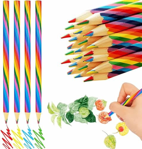 QHFlashbuy Lápices de Colores,24 Pcs 4 en 1 Lápices de Colores Lápiz de Dibujo,Multicolor Lápices de Arcoiris de Madera para Arte Dibujo,Colorear y Bosquejar