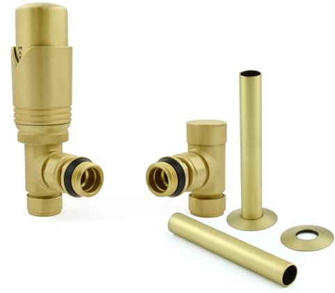 Hot Flow Brushed Brass Marella Modern Thermostatic Radiator Valve Angled TRV. Includes Angled TRV Body, Wheel Head, Lock Shield & Pipe Sleeve for Quick & Easy Temperature Control.