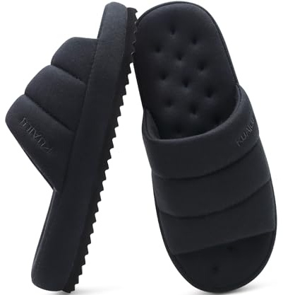 KuaiLu Zapatillas de Hombre Mezcla de Algodón Tejido Caliente Slides Sandalias Confortable Soporte del Arco Interior Exterior Zapatos de Casa Slip-on Ligero Grueso Cojín Chanclas, Negro 43