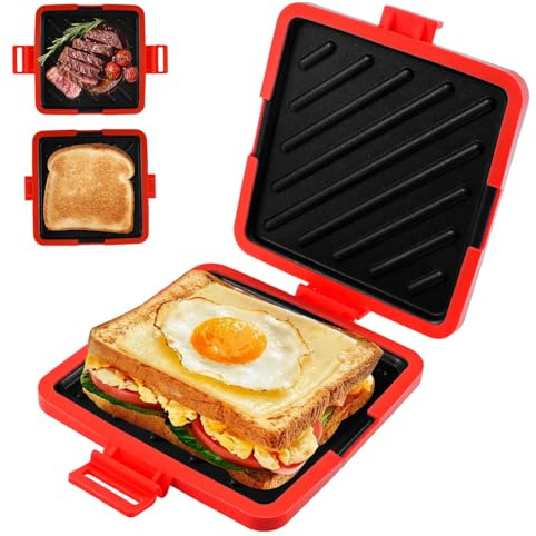 Microwavable Toastie Maker, Microwave Toasted Sandwich Maker Wireless Silicone Sandwich Grill Non-stick Coating & Rapid Heating Bread Baking Pan for Cooking Delicious Crispy Sandwiches (Red)