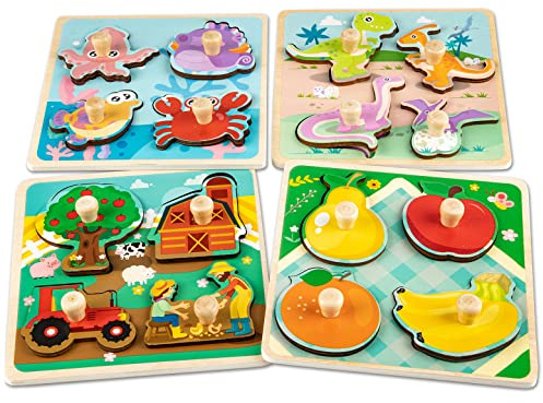 Funsland Puzzle Legno Bambini 1 2 Anno, 4 Pezzi Puzzle di Animali con Maniglie, Montessori Giochi Bambino Educativi, Giochi in Legno Bambini, Rompicapo Regalo per Bambina 2 3 Anni