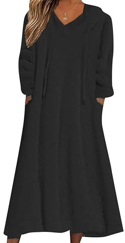 ZICUE Signora Lungo Cappuccio Flanella Vello Homewear Inverno Caldo Casa Camicia da Notte Tinta Unita Moda Vestito Nero XL