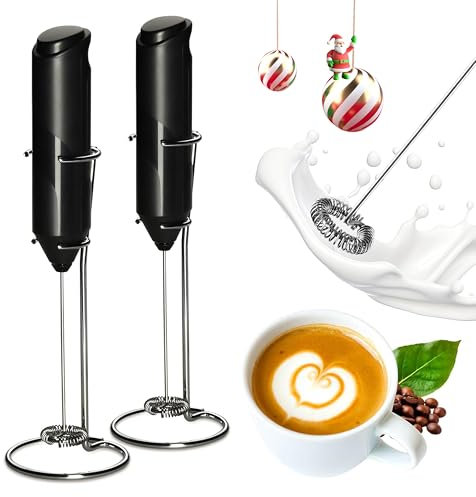 YSSOA Electric Milk Frother Handheld with Stainless Steel Stand Battery Operated Whisk Drink Mixer for Coffee, Frappe, Matcha, Latte, Hot Chocolate, Mini Hand Blender, Black 2 Pack
