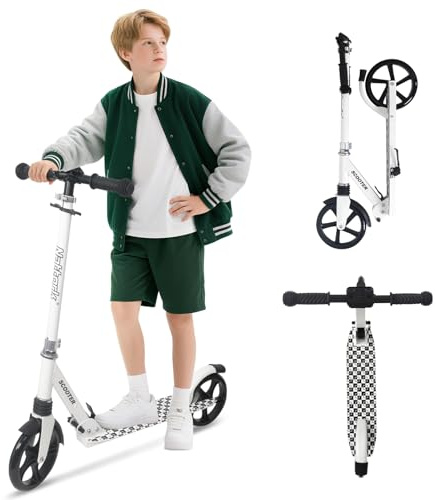 Nattork Kick Scooter for Kids 6+ Years Teens Adults - 220LB Weight Capacity, Front Shock Absorber and Adjustable Handlebar - Smooth Ride with 8 Sturdy Wheels, Ideal for Outdoor Sports White