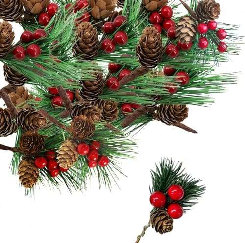 10 Pcs Fake Christmas Holly Sprigs Artificial Pine Picks with Red Berry Natural Pine Cones,Christmas Pines Needles Holly Berry Stems Decor,Xmas Foliage Berries Holly Bouquets Craft Flower Wreath Decor