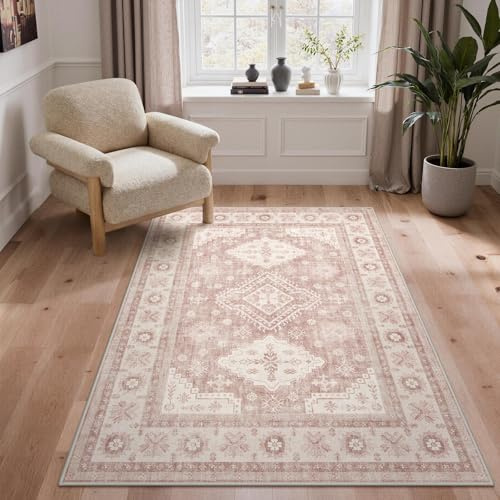 GENIMO - Tappeto Boho Vintage 120x170cm - Lavabile in Lavatrice, Antiscivolo, Pelo Corto - Per Camera da Letto, Soggiorno, Sala da Pranzo - Beige Rosa Antico