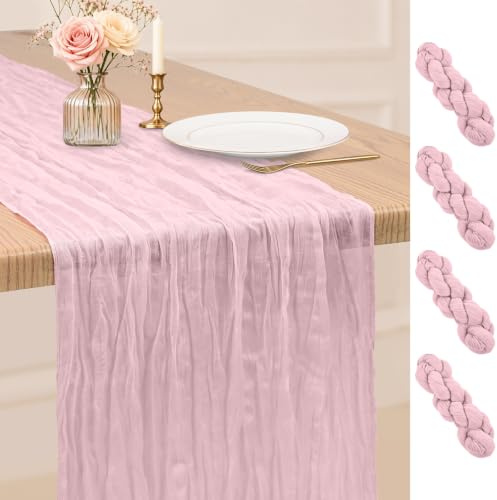 4 Stück Tischläufer Rosa, 45 x 275 cm Käsetuch Tischläufer, Boho-Gaze-Tischläufer für den Esstisch, rustikale, durchsichtige Stoff-Tischläufer für Hochzeit, Party, Brautparty, Frühling