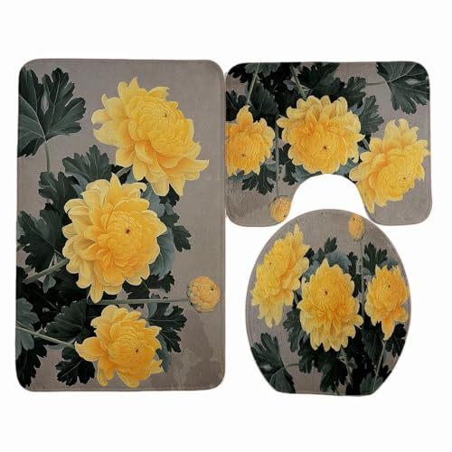 Badezimmerteppich Set 3 Teilig Braune Gelbe Blumen WC Teppich Schnell Trocknend Badvorleger rutschfest Badgarnitur 3 Teilig Stand WC Waschbar Bad Teppiche Set Dekoration 50x80 cm