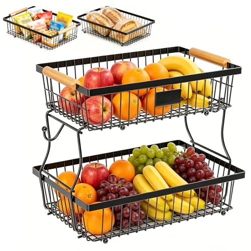 Linzerry Frutero de 2 Niveles de Metal Negro, Cesta de Frutas y Verduras para Cocina con Asa de Madera y Ganchos para Plátanos, Estante Colgante Desmontable para Frutas, Verduras y Snacks - 41x29x24cm