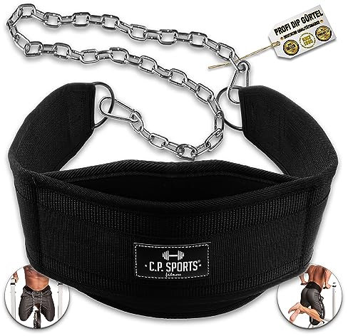 C.P. Sports Dip-Gürtel Premium | Dipgürtel – Dip Belt bis 250kg für Klimmzüge, Squats, Fitness, Krafttraining, Bodybuilding, Gym | Nylon und Kette aus Stahl für Hantelscheiben Gewichte