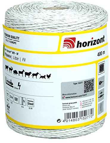 horizont Weidezaunlitze farmer® W9-W, 400 m lang, weiß, 9x 0,18 mm, 70 kg Bruchlast, für kurze Zäune bis mittlere Zäune, Weidezaunband, Breitband Litze, Elektrozaun