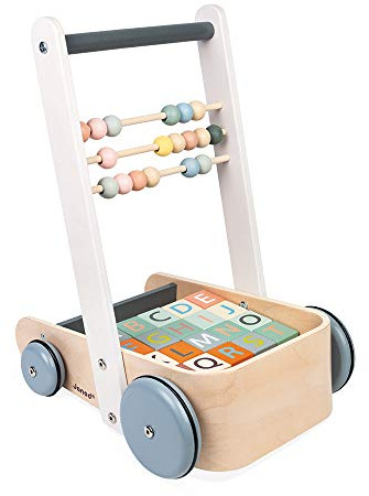 Janod - Carrello ABC Sweet Cocoon - Carrello Primi Passi Didattico in Legno a Spinta - con 20 Cubi Lettere Alfabeto, Numeri e Forme + 3 Stecche Pallottoliere - Vernice Ad Acqua - da 1 Anno, J04408
