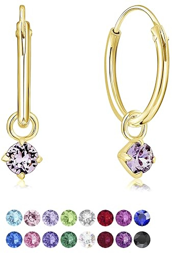 DTPsilver® Boucles d'oreilles PETITES Créoles en Argent 925 Plaqué Or Jaune & Pendentif 3 mm Cristaux de Swarovski® Elements Ronds - Épaisseur 1.2 mm - Diamètre: 12 mm - Couleur: Violet