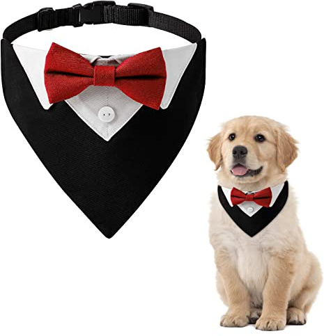 HACRAHO Formelles Hunde-Smoking-Bandana, 1 Stück, rotes Hundesmoking, Baumwolle, Hundehalsband, Hochzeitshalsband mit Fliege und Halsband für Hunde und Katzen, M