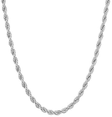 KISPER White Gold Rope Chain Necklace for Men 5mm Plated Stainless Steel | 5mm, 18-30 inches, non-tarnish, waterproof, sweatproof, hypoallergenic, secure lobster clasp, bold everyday wear