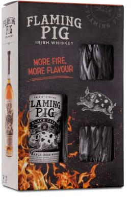 Flaming Pig Black Cask | Whisky Irlandés - 700 ml | Destilado artesanal | Disfruta del auténtico sabor irlandés con dos vasos exclusivos de diseño de cristal