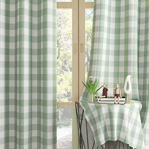 Curtains for Windows Buffalo Check Drapes Plaid Gingham Pattern Rod Pocket Cotton Curtain Panels 80 inch Length Farmhouse Kitchen Curtains 2 Panels Living Room Bedroom Basement Green White 52x80