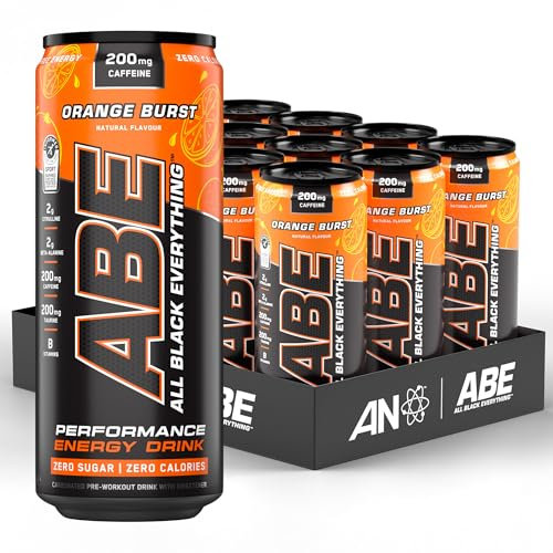 Applied Nutrition ABE Pre Workout Cans - All Black Everything Energy + Performance Drink, ABE Carbonated Beverage Sugar Free with Caffeine (Pack of 12 Cans x 330ml) (Orange Burst)