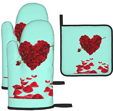 Set di guanti da forno e presine a forma di cuore con petali floreali, con tasca (3 pezzi)