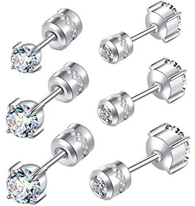 Hopply 3 Pairs Hypoallergenic Titanium Earrings for Sensitive Ears,Screw Back Surgical Stainless Steel 5A Cubic Zirconia Piercing Sleeper Stud Earrings
