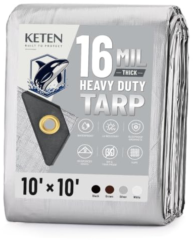 Keten Tarps Heavy Duty Waterproof 10x10 Feet, Extra Thick 16 Mil (Silver)