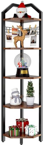 YMYNY Eckregal stehend, Bücherregal mit 5 Ablagen, Drahtgeflecht, 28x28x180cm, Leiterregal, Pflanzenregal für Wohnzimmer, Schlafzimmer, Küche, Balkon, Industrial-Design, Vintage HBR006H