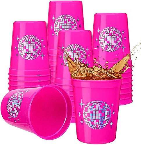 Uiifan 30 Pcs 16 oz Disco Cups Disco Ball Party Favor Cups, Rose Pink | Disco Ball Sparkle Design, Reusable Plastic, Bachelorette Bridal Shower Birthday, 70s 80s 90s Decades Theme Parties Gift