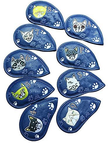 SkyjOy Copri Mazza 9 Pezzi Portatile da Golf Club copriletto Carino Gatto Modello PU. Impermeabile Fairway Hybrid Putter Cover Set Vintage Coprimazze (Color : Blue)