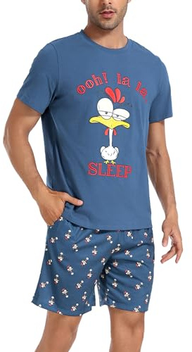 Jezonga pyjamas herr kort pyjamas rolig bomull shorty nattkläder tvådelad pyjamas med tupp t-shirt och pyjamasbyxor för män, Ljusblå, XL