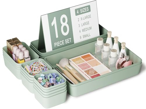 Homhut Plastic Drawer Organizers, 18 PCS Drawer Organizer Bins, Bathroom and Vanity Organizer Plastic Tray, Makeup organizer and storage for Makeup, Bedroom, Kitchen Gadgets Utensils and Office
