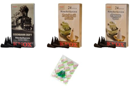 KNOX Räucherkerzen - 3er Set Maharaja Express - Düfte: Eisenbahn, Opium, Patchouli - Menge: 72 Inclusive 3 Räucherkerzen als Proben vom Duft Meeresbriese - Made in Germany