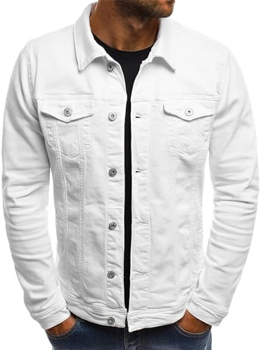 amropi Veste en Jean pour Hommes Blouson en Denim Jacket avec Boutons et Poches Blanc, XL