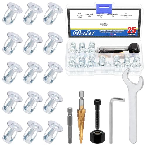 Glarks 25pcs M6 Jack Mutter und Installation Tool Kit Jacknut Schraube Anker Gewindeeinsatz Petal Mutter Expansion Mutter für Kunststoff Polywood Pressboard Hardboard