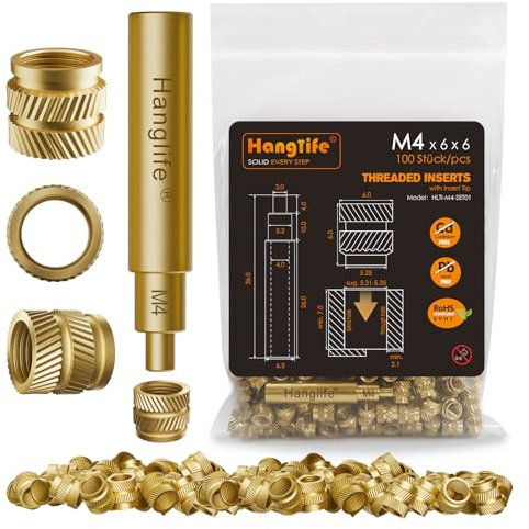 HANGLIFE M4 Inserti Filettati a Caldo con Punte Saldatore Stagno, Inserto Filettato per Componenti di Stampa 3D e Parti in Plastica - Dadi Scanalati Metrici in Ottone (100 Pezzi)