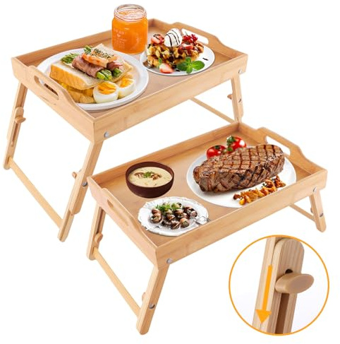 EATHEATY Betttablett zum Essen, Bambus, Frühstückstablett mit verstellbaren, klappbaren Beinen, tragbares Serviertablett für Sofa, Laptop, Schreibtisch, Snack-Tablett, 2 Stück