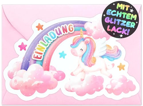 12x GLITZER Einhorn EINLADUNGSKARTEN KINDERGEBURTSTAG Mädchen Junge + 12x Umschläge - die Regenbogen PARTY Karten sind die Einhorn EINLADUNG Kinder Jungen GEBURTSTAG Pferde GEBURTSTAGSPARTY UNICORN