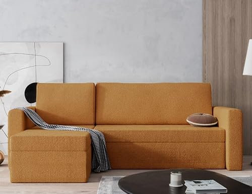 Easy4You Senf Ecksofa Senf Kord in L-Form 237x96x143 cm mit Schlaffunktion und Bettzeugbehälter - Schlafsofa mit Bettkasten - Eckcouch mit Stauraum - Stoff: Dolce 11